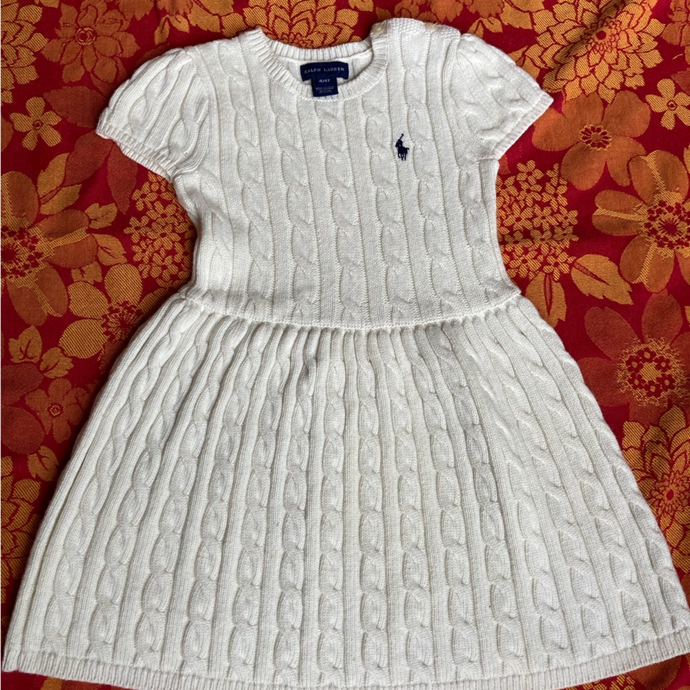 Ralph Lauren Child’s Dress 4/4T Cable Knit Blue Label Ivory EUC